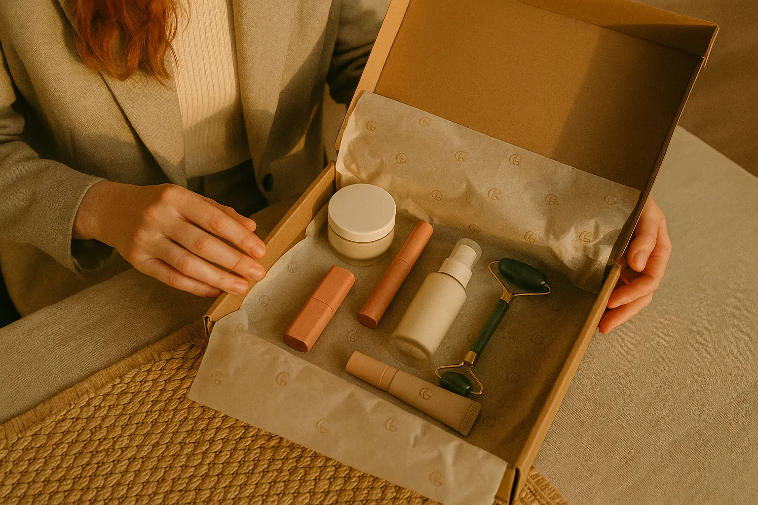 Beauty products unboxed from a kraft paper box