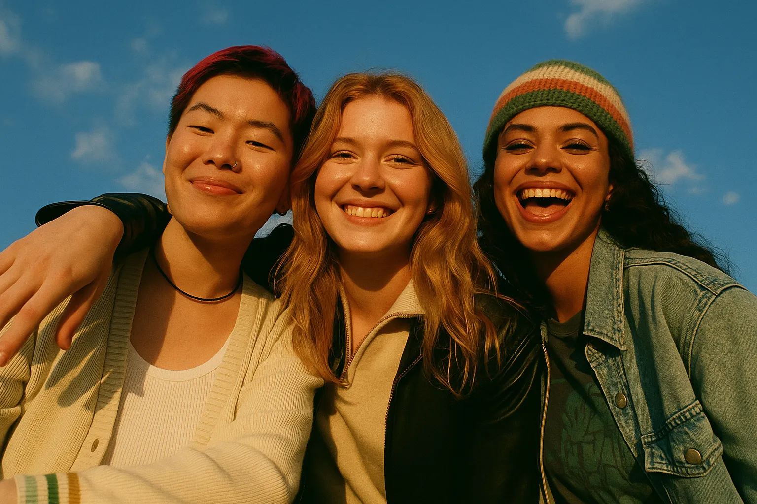 Three friends smiling outdoors, authentic self-expression in beauty content