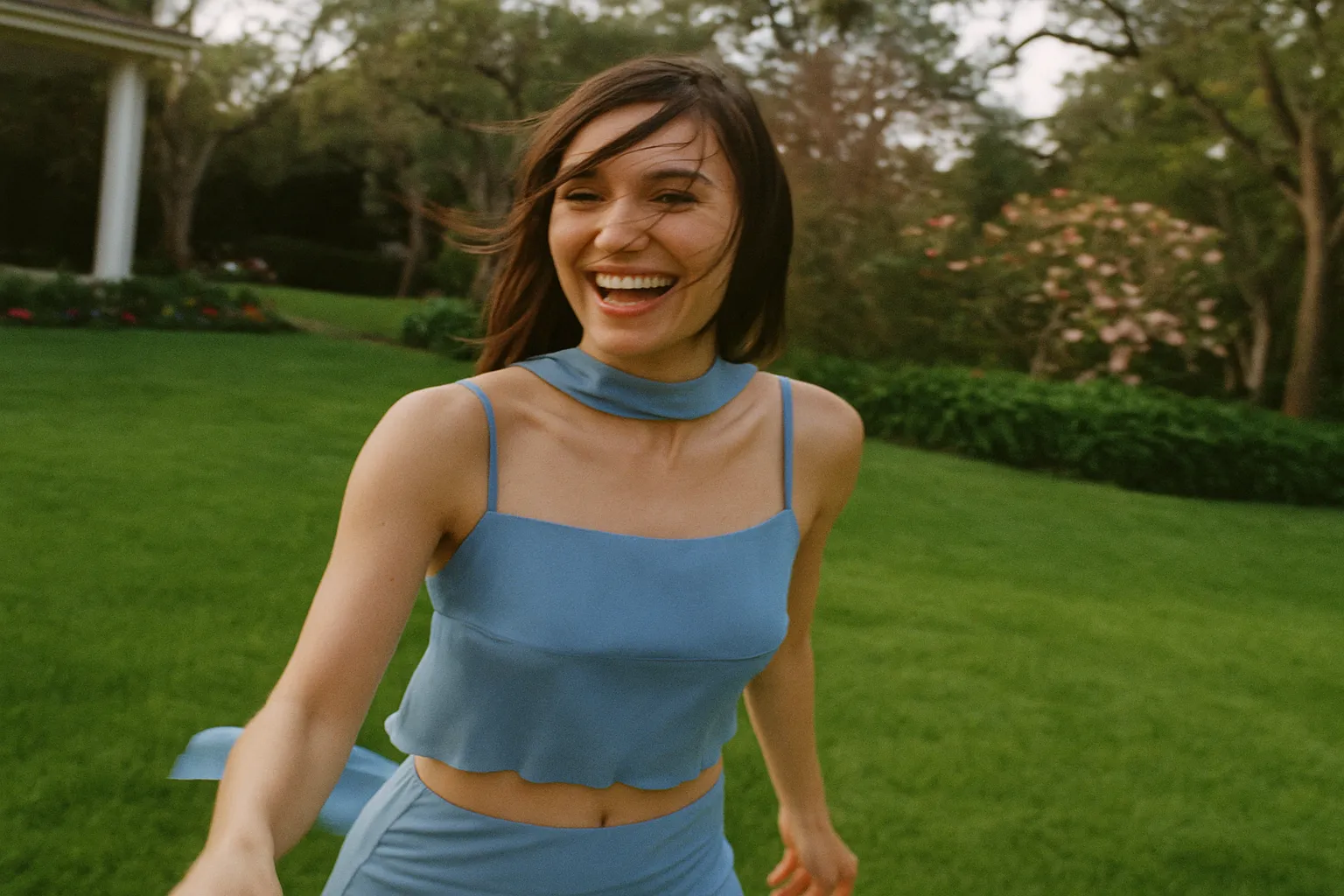 Woman laughing in a garden, natural beauty portrait